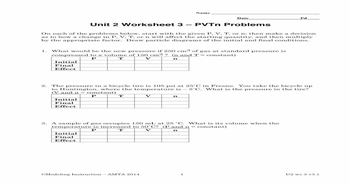 Unit 2 worksheet 3 pvtn problems