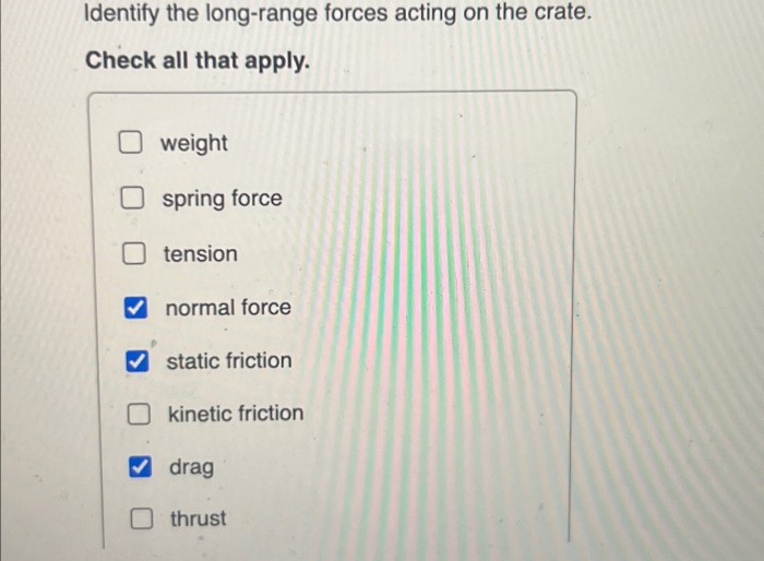 Identify the long-range forces acting on the crate