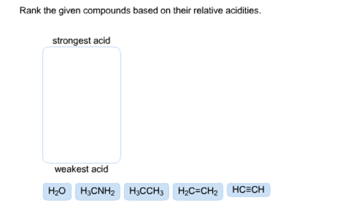 Relative rank compounds based their given chemistry bronsted acid weakest strongest nh2 answers questions he